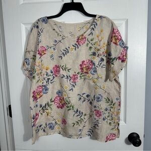 Bellambra 100% linen floral top, made in Italy, short sleeve, loose fit, cool